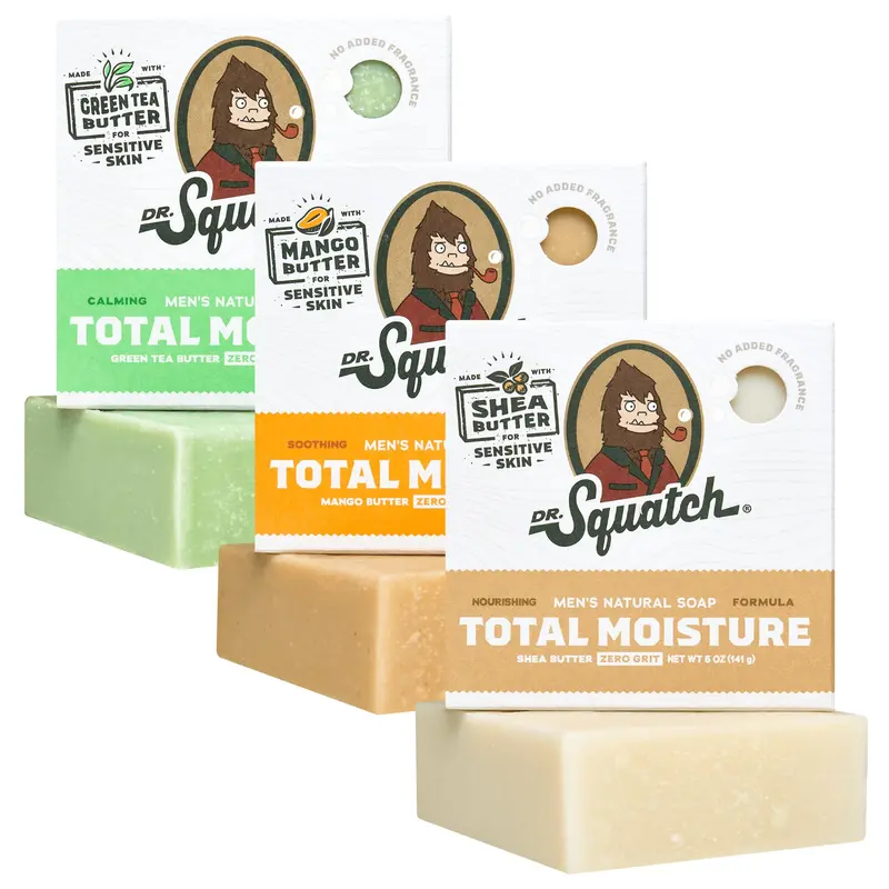 Dr. Squatch Savon Barre Total Hydratation Sans Parfum – Pour Peaux Sensibles, Beurre de Karité, Mangue et Thé Vert (3 barres de 142 g)