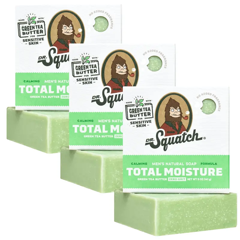 Dr. Squatch Savon-barre Total Moisture – Sans parfum, peau sensible – Beurre de thé vert (3 barres de 5 oz)