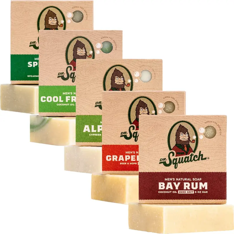 Dr. Squatch Savon Naturel pour Homme – Lot de 5 barres au procédé à froid (Sauge des Alpes, Menthe-Basilic, Aloe Frais, Pamplemousse IPA, Bay Rum) – Cadeau idéal