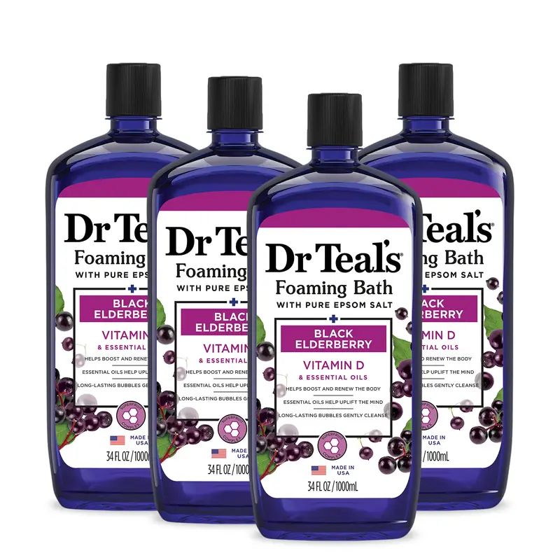 Dr Teal's Bain-Mousse Sureau Noir, Sel d'Epsom Pur, Vitamine D — Pack 4
