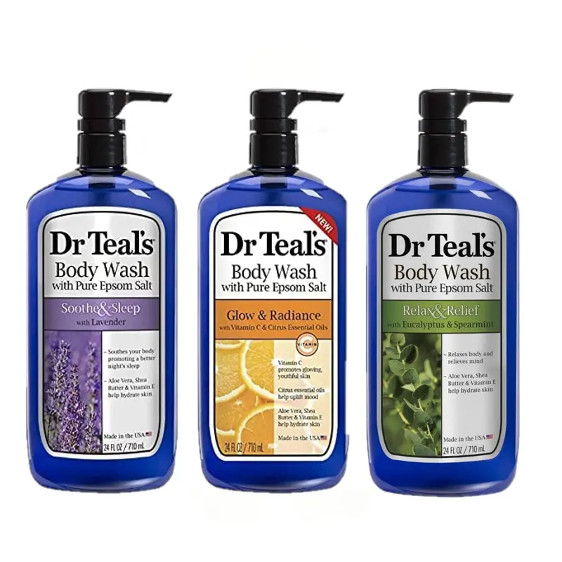 Dr Teal's Coffret Douche Variété – 3 Bouteilles (710 ml) – Lavande, Vitamine C & Agrumes et Eucalyptus – Sels d’Epsom