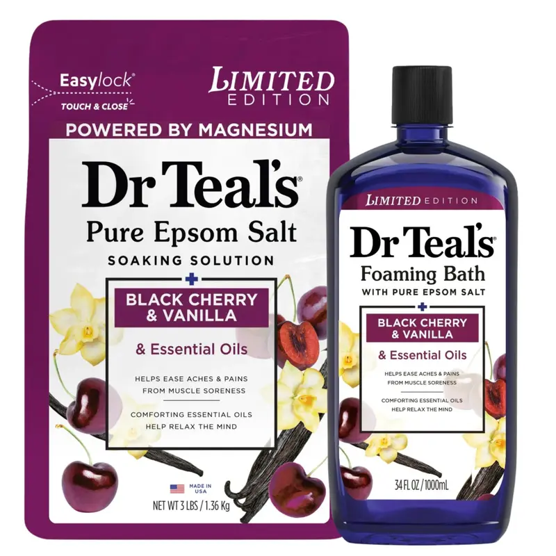 Dr Teal's Coffret Édition Limitée Cerise Noire et Vanille – Sel d’Epsom Pur et Bain Moussant, 1 L