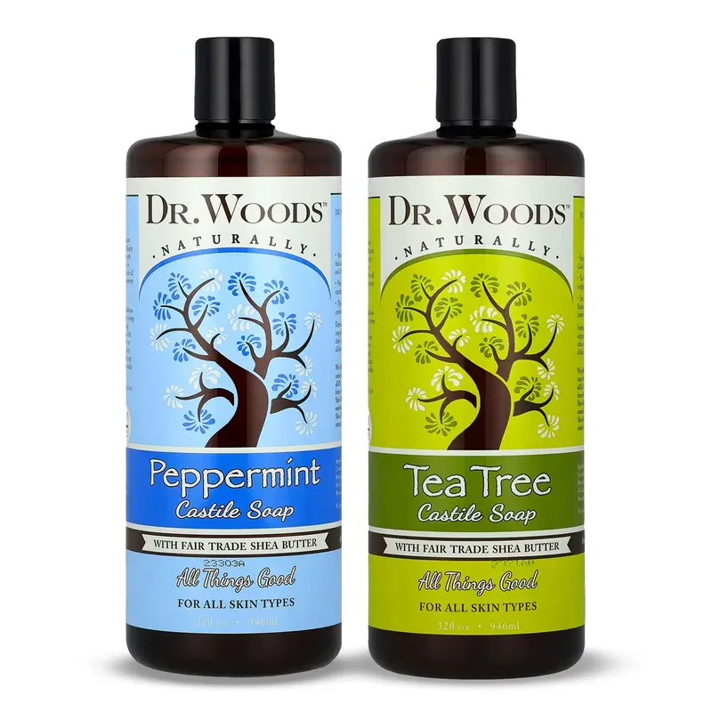 Dr. Woods Savon Castile Liquide – Arbre à thé et Menthe Poivrée, Beurre de Karité Bio, Nettoyant Doux pour Visage, Corps et Mains, Lot de 2 × 946 ml
