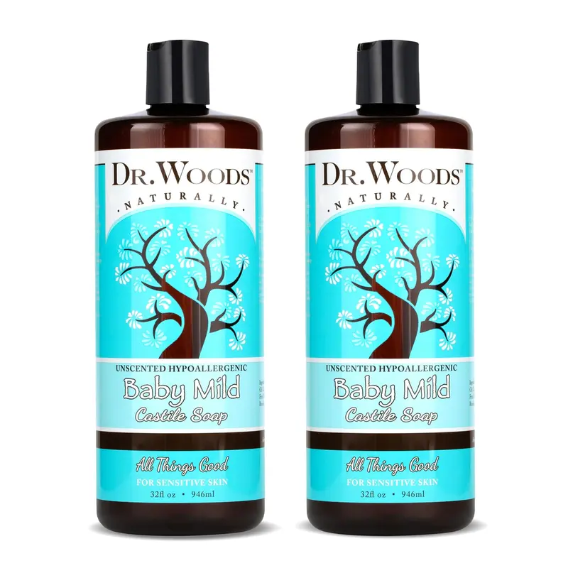 Dr. Woods Savon Castile Non Parfumé Bébé – Nettoyant Doux pour Peau Sensible avec Huile de Chanvre et Vitamine E – Sans Parabènes ni Sulfates – Lot de 2 x 946 ml