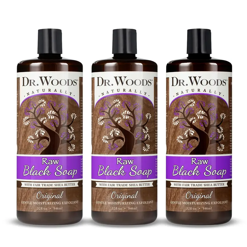 Dr. Woods Savon Noir Liquide Africain — Gel douche naturel au beurre de karité, exfoliant doux, visage, corps et mains, pack 3 × 946 ml