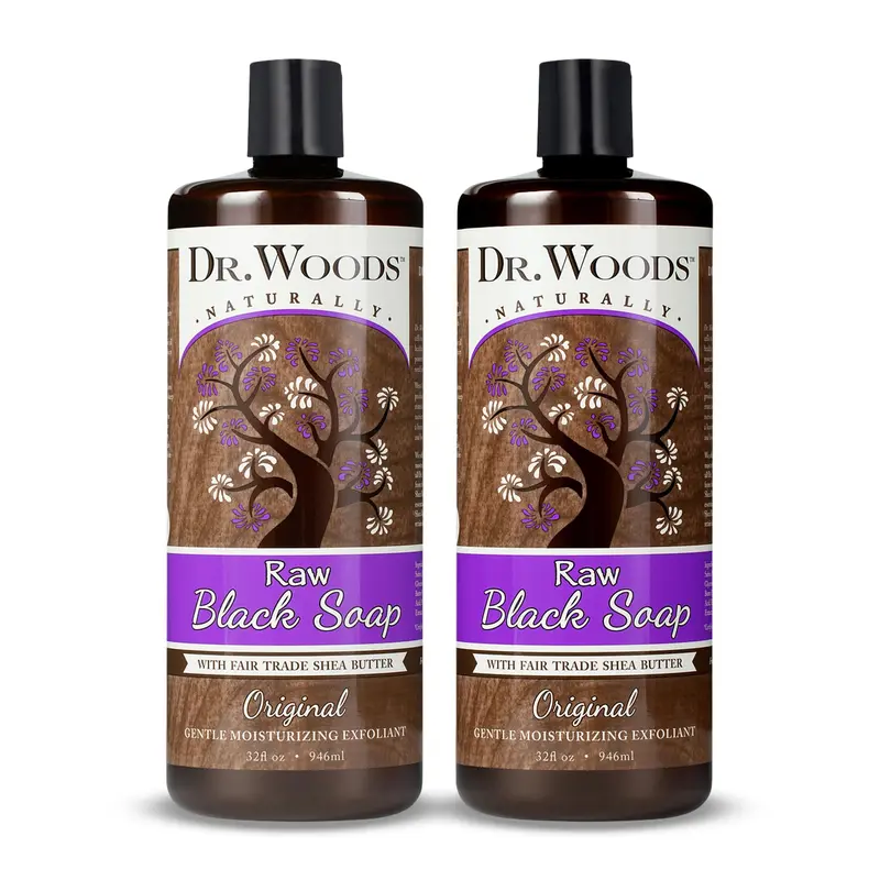 Dr. Woods Savon Noir Liquide Africain – Nettoyant Doux pour Visage, Corps et Mains, Beurre de Karité Bio, Exfoliant Léger – Lot de 2 x 32 oz
