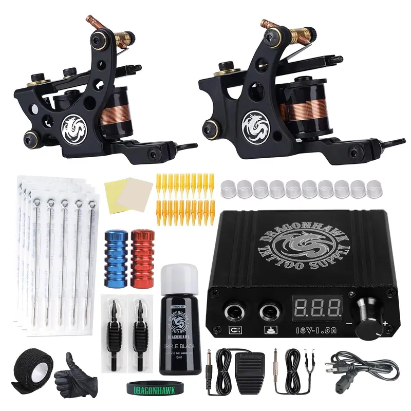 Dragonhawk Kit Tatouage Pro Traditionnel – 2 Machines, Alimentation DEL, Aiguilles Jetables, Débutants Bienvenus