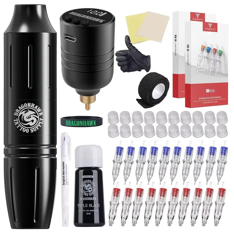 Dragonhawk Kit Tattoo Sans Fil W085D – Ensemble Débutant Complet avec Cartouches Pro