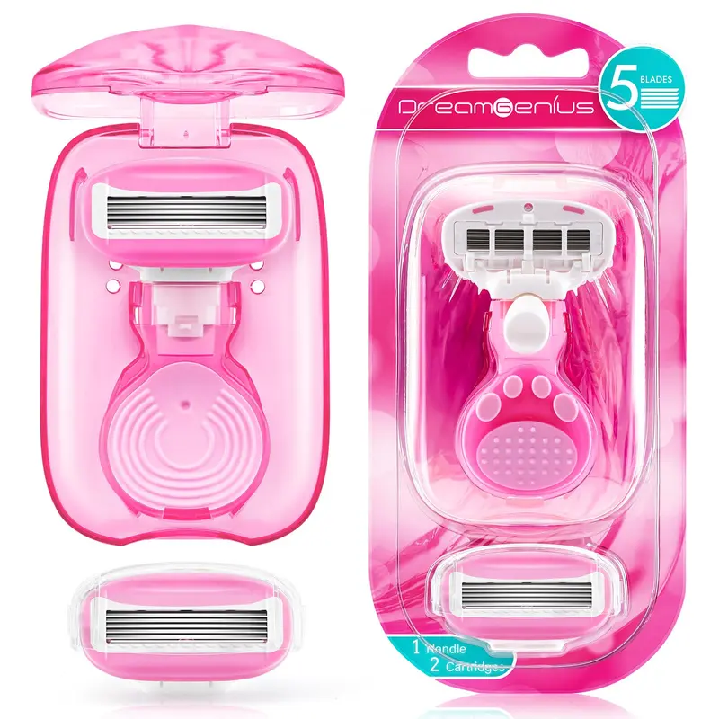 DreamGenius Rasoir de Voyage pour Femmes – 5 Lames, Étui Inclus, Pivot 60° – Rose