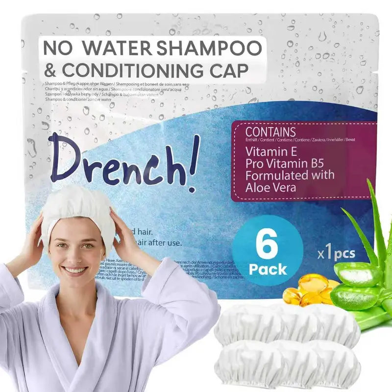 Drench! Medical – Capuchons Shampoing Sans Rinçage – Lavage des Cheveux Sans Eau pour Personnes Âgées ou Allitées – Aloe Vera, Vitamine E et Provitamine B5 – 6 Capuchons