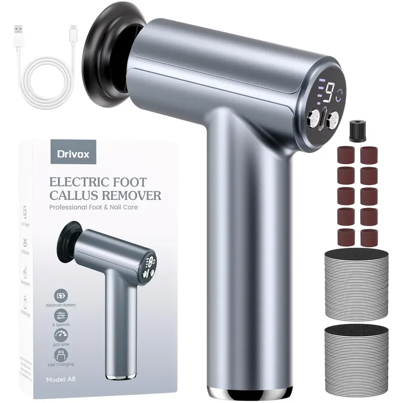 Drivox Remover Électrique de Callosités – 2-en-1, Rechargeable, 70 Plaques Abrasives, Pédicure Professionnelle Gris et Bleu
