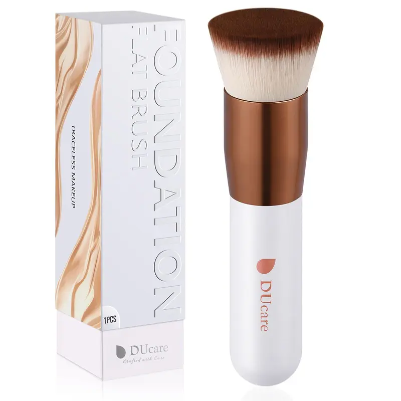 DUcare – Pinceau Fond de Teint Kabuki Plat, Poils Synthétiques, Rose Doré et Blanc