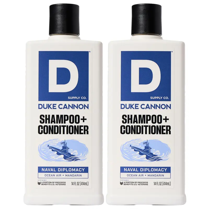 Duke Cannon Supply Co. – Shampooing et Après-shampooing 2-en-1 Naval Diplomacy – Senteur masculine – Nettoyage doux et renforcement – Pack 2 × 14 oz