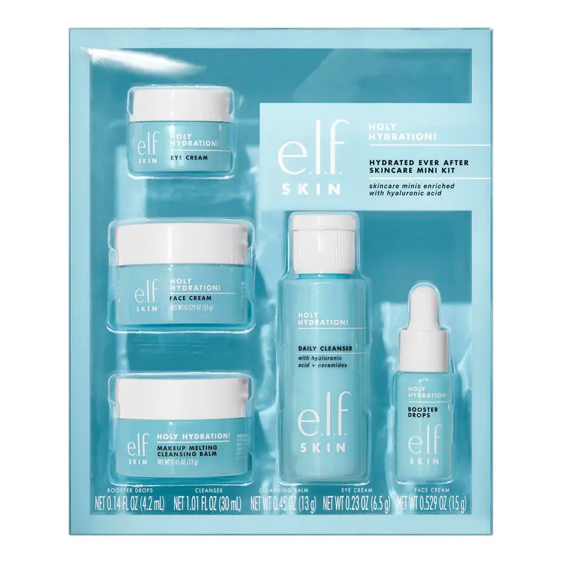 e.l.f. SKIN Holy Hydration! Mini Kit Hydratation – Nettoyant Quotidien, Baume Démaquillant, Gouttes Hydratantes, Crème Visage et Contour des Yeux (Format Voyage)