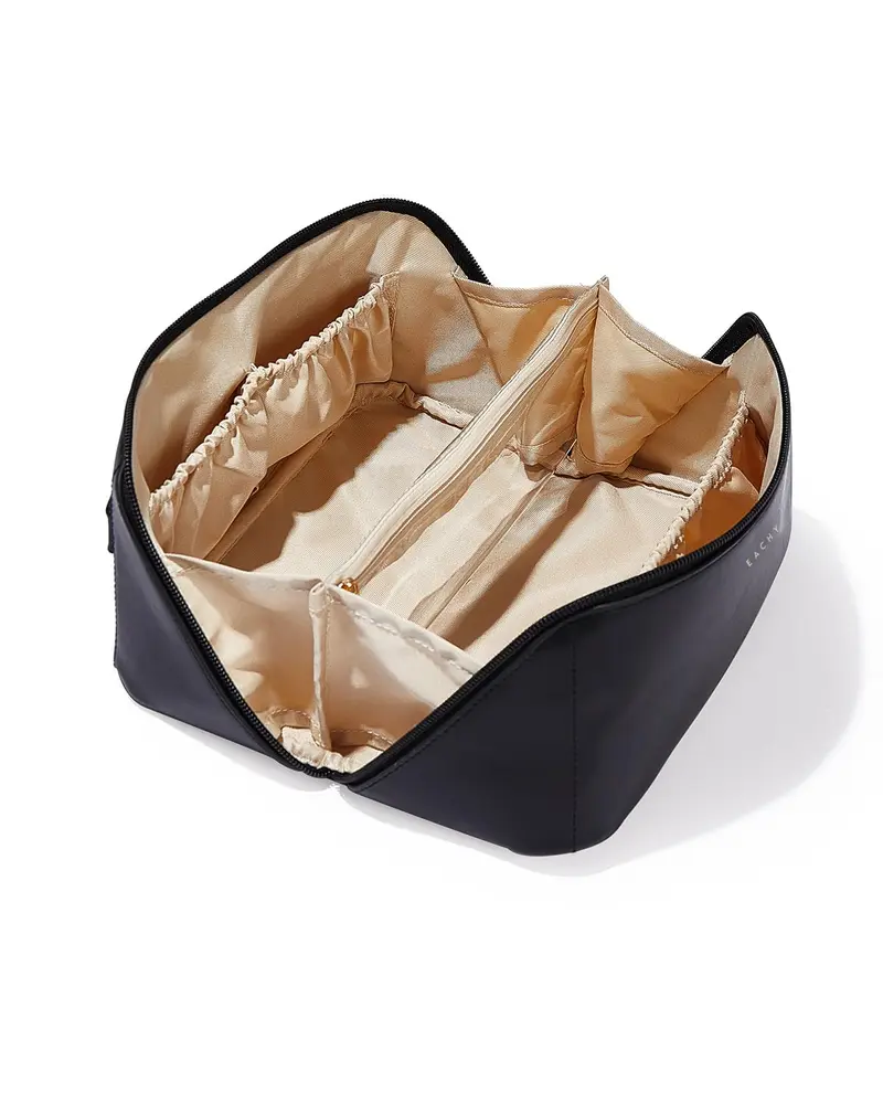 EACHY Sac de maquillage de voyage – Grande capacité, étanche, ouverture à plat avec séparateur et poignée (Noir, Taille moyenne)