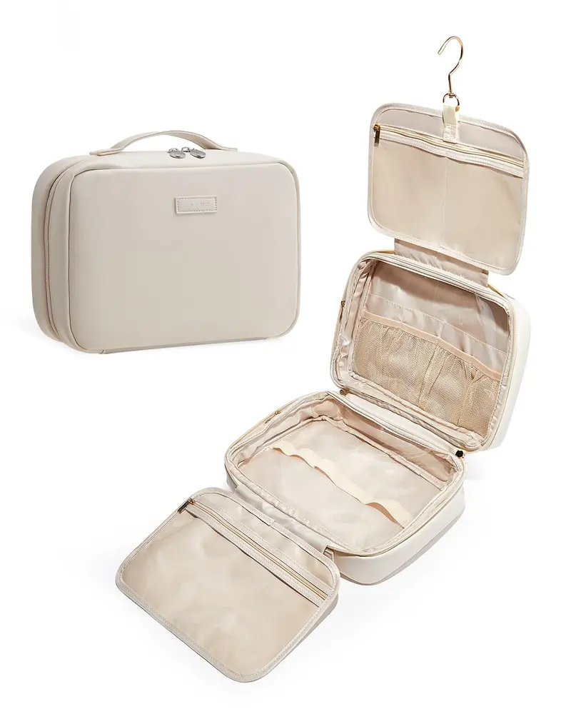 Eachy Sac de Toilette à Crochet — Étanche, 4 Compartiments, Cuir PU Beige, Voyage pour Femme