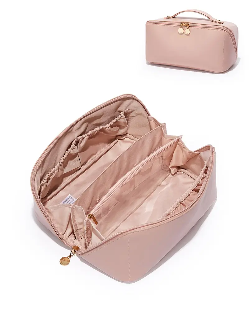EACHY Sac Maquillage de Voyage — Grand, Étanche, Ouverture Plate, Séparateur et Poignée (Rose, Large)