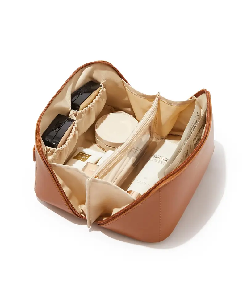 Eachy Sac Maquillage Voyage - Grand Coffret Imperméable à Ouverture Plat, Diviseur et Poignée, Marron, Taille Moyenne