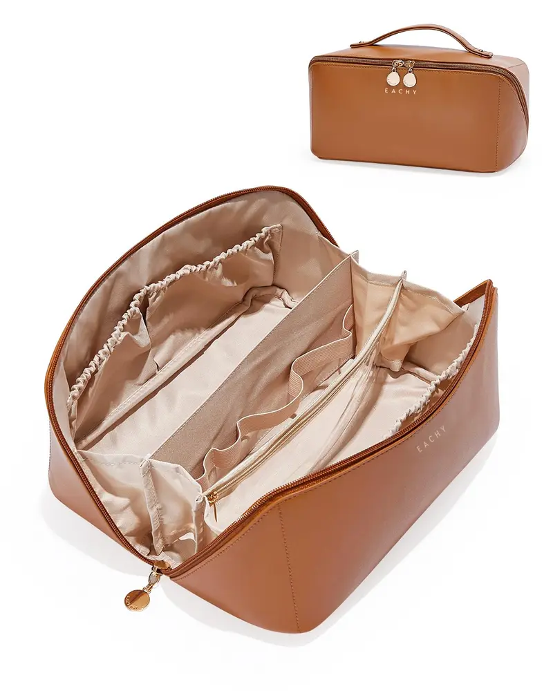 EACHY Trousse de maquillage de voyage – Grande capacité, étanche, avec diviseur et poignée (Brun, Grand)