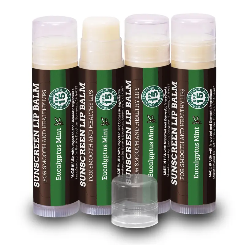 Earth's Daughter Baume à Lèvres SPF15 Éucalyptus Menthe — Lot de 4, Ingrédients Biologiques, Cire d'Abeille, Huile de Coco, Vitamine E, Hypoallergénique, Sans Gluten