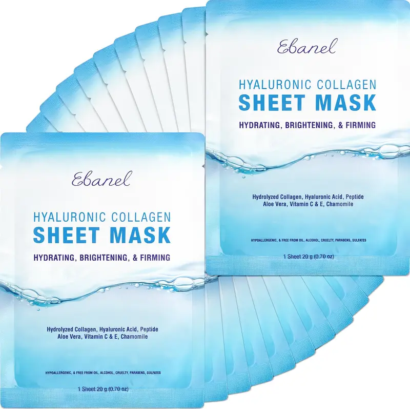 Ebanel — 20 masques visage au collagène avec acide hyaluronique, vitamine C et peptide pour éclat et hydratation