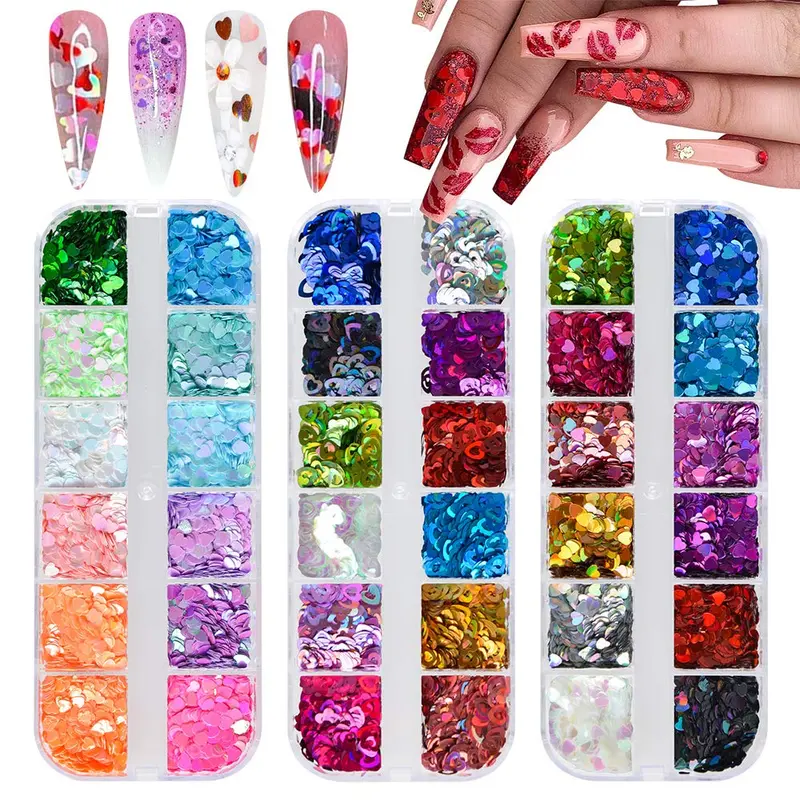 EBANKU – 36 couleurs de sequins cœur holographiques pour ongles (3 boîtes) – Paillettes Saint-Valentin