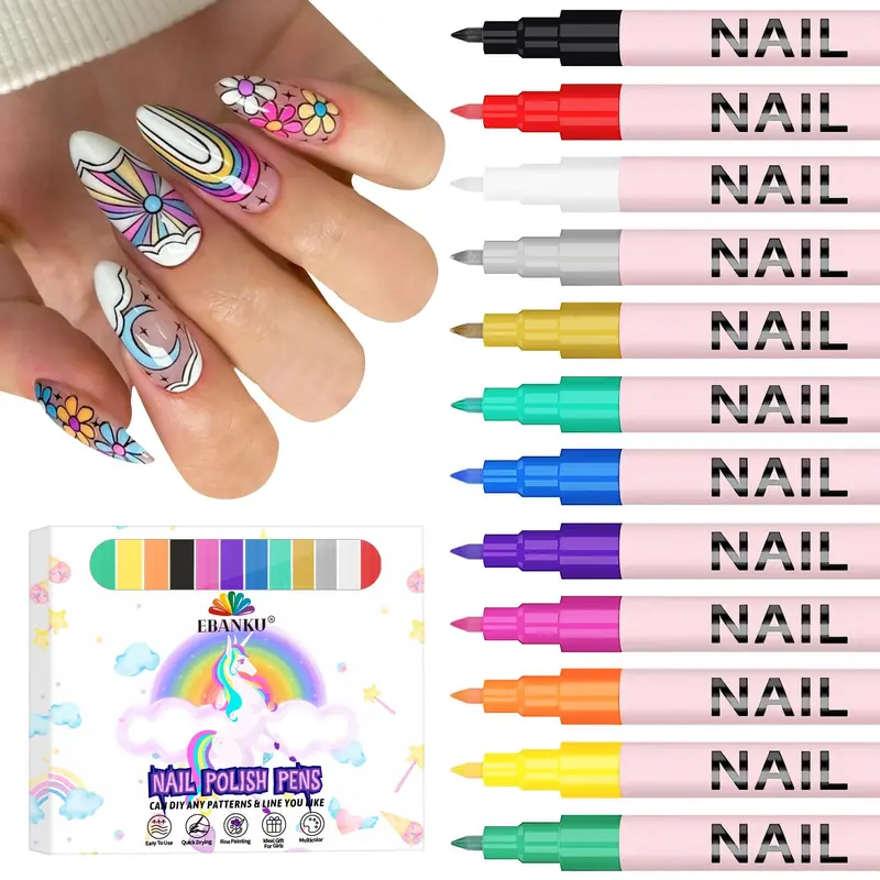 EBANKU - Ensemble de 12 stylos Nail Art 0,7 mm pour Ongles | Séchage rapide et Couleurs vives
