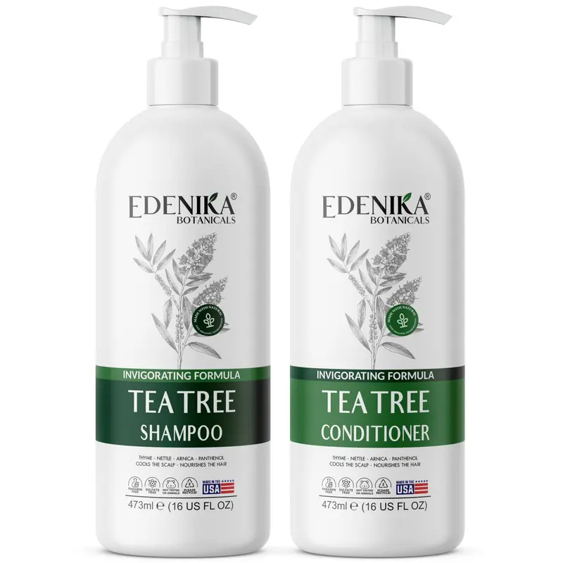 EDENIKA BOTANICALS Shampoing et Après-shampoing Tea Tree – Cuir chevelu apaisé et nettoyage en profondeur, sans sulfates | 473 ml chacun