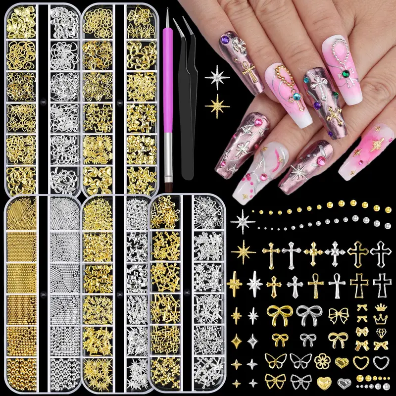 editTime – 5 Boîtes de Charms Ongles Or et Argent 3D Croix Étoile pour Nail Art à Faire Soi‑Même