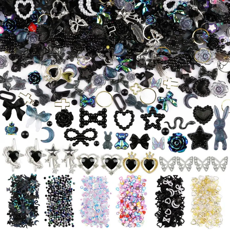 editTime Kit 650 pièces Charms Ongles 3D – Strass Métal Luxe et Charms Résine Noir