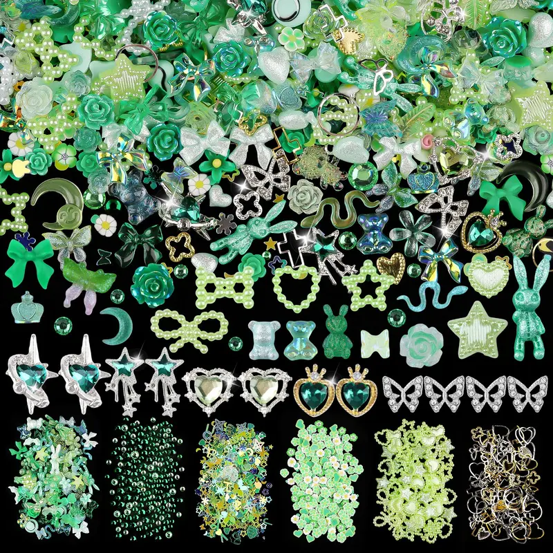 editTime — Kit 650 pièces de charms 3D pour ongles, résine et métal (vert)