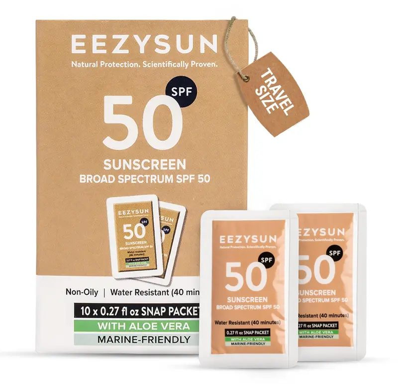 EEZYSUN – Pochettes mini SPF50 minéral voyage avec Aloe Vera – Vegan et respectueux des récifs – UVA/UVB