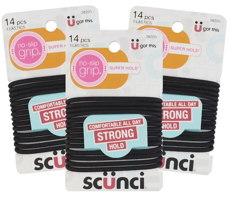 Élastiques en gel noirs Scunci – grip sans glisse, tenue forte pour queue de cheval, lot de 3 paquets (14 pièces chacun)