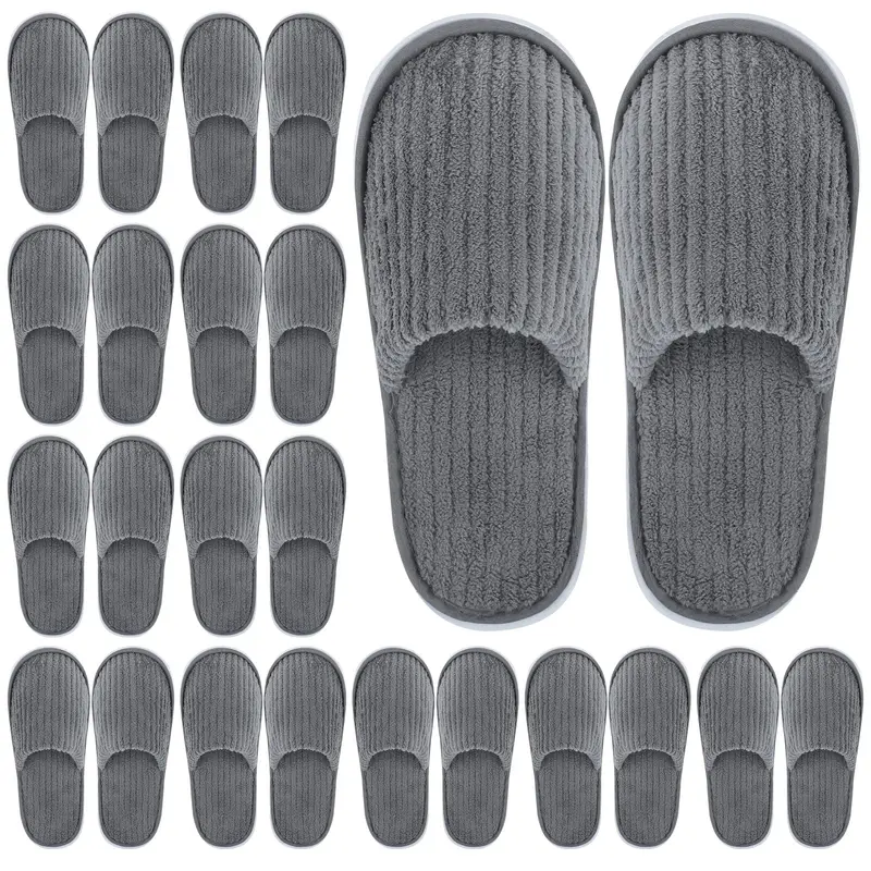 Elcoho Chaussons d’intérieur fermés – 12 paires gris, peluche couleur corail, lavables et jetables