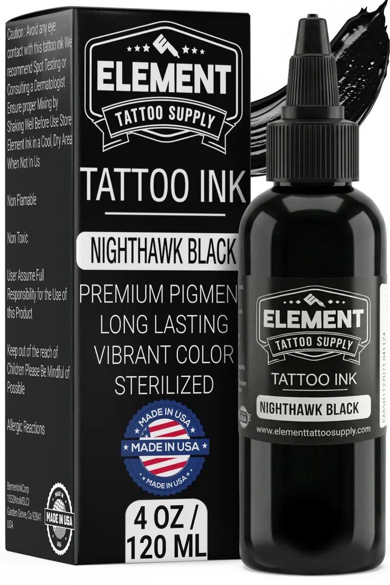 Element Tattoo Supply Nighthawk Noir – Encre Noire de Tatouage Formule Foncée pour Lignes, Ombres et Tribal – Professionnelle, Flacon 118 ml