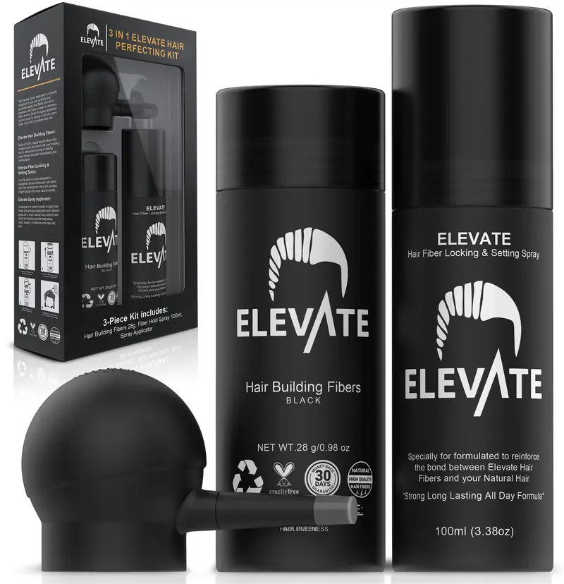 ELEVATE Hair Perfecting Kit 3-en-1 – Fibres capillaires naturelles + Pulvérisateur + Fixateur (Noir)