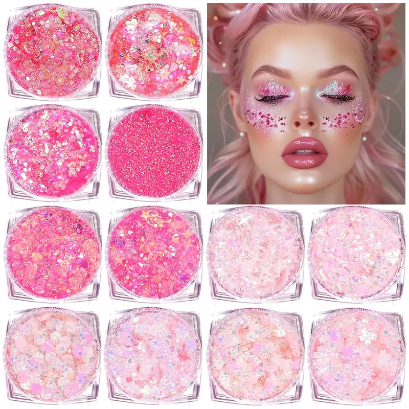 ELEVAVE Gel de Paillettes – Corps et Visage, 12 Formes, Sans Colle, Pour Fêtes et Festivals – Rose