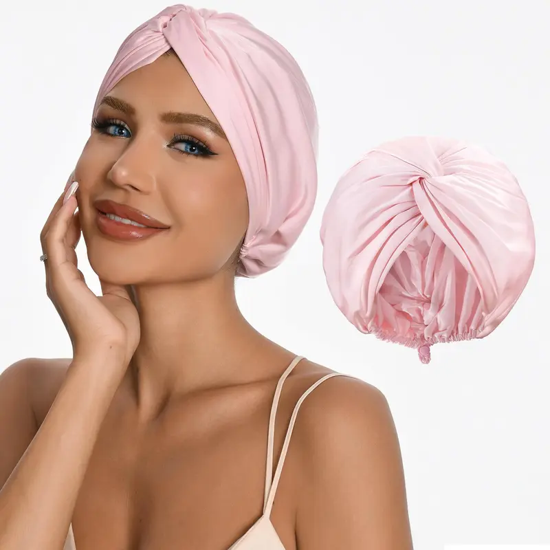 ELIO Bonnet de Nuit Ajustable en Soie Satinée 5% Soie de Mûrier – Double-Couche Rose pour Cheveux Bouclés et Naturels
