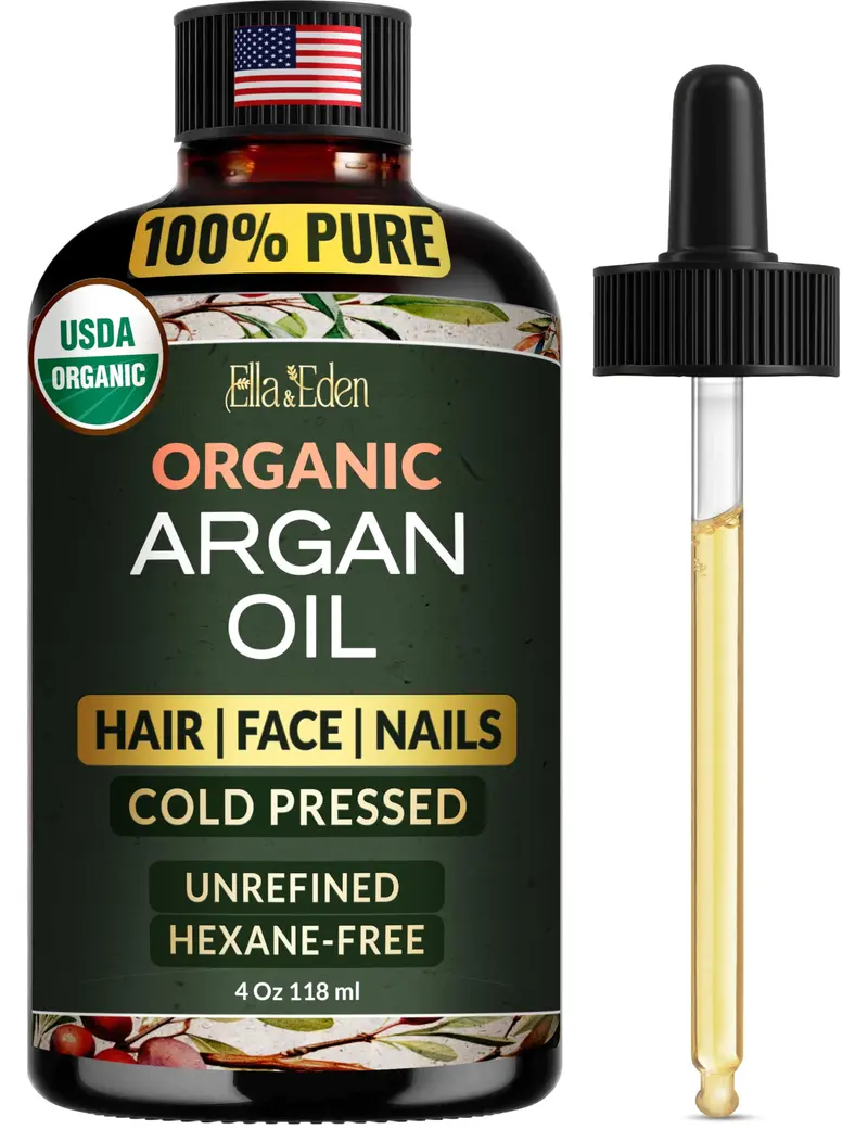 Ella & Eden Huile d'Argan Bio – Pure, Pressée à Froid – Cheveux, Visage et Peau – Bouteille Verre 4 oz