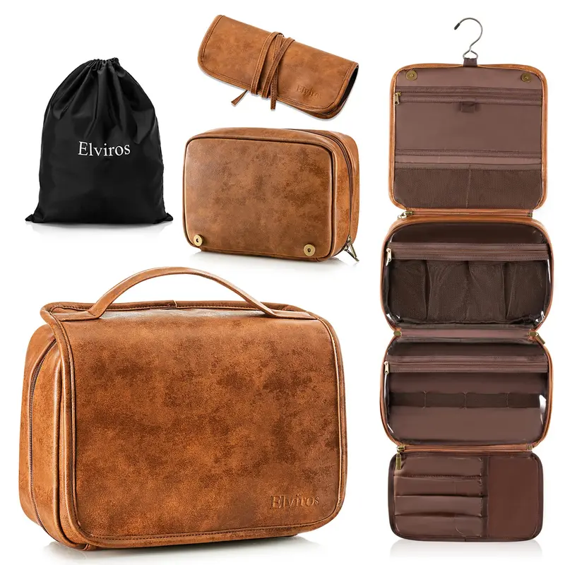 Elviros Dopp Kit 3-en-1 Étanche en Cuir PU – Sac de Toilette de Voyage pour Hommes avec Compartiments Séparés