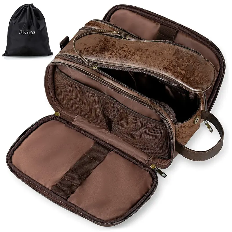 Elviros Trousse de Toilette pour Homme – Format moyen, Cuir PU Étanche (Chocolat)