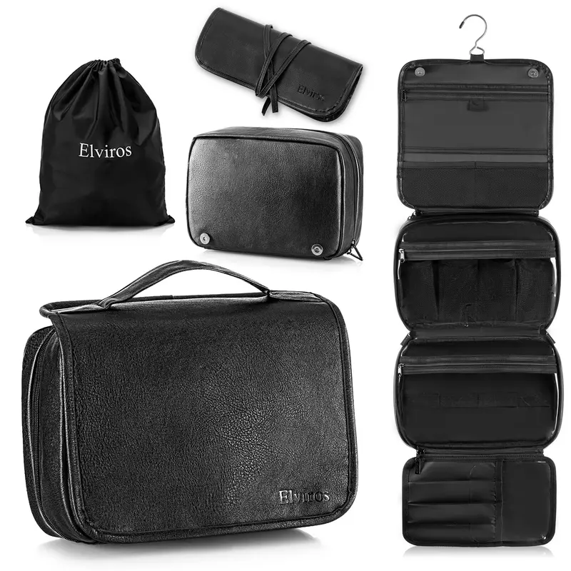 Elviros Trousse de toilette suspendue 3 en 1 – Organiseur cosmétique en PU cuir imperméable, noir