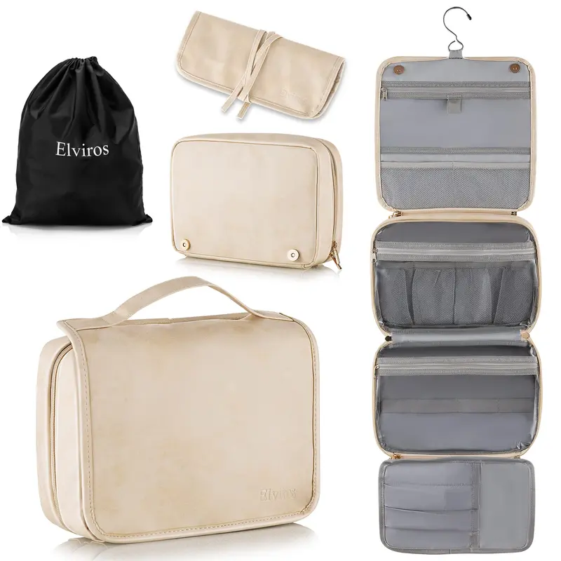 Elviros Trousse de Toilette Suspendue 3 en 1 pour Voyage – Cuir vegan étanche et Grand Organisateur Cosmétique