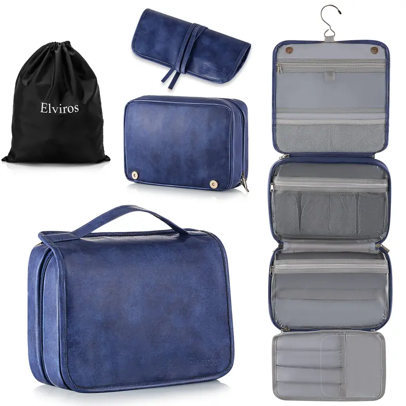 Elviros Trousse de toilette suspendue pour homme – 3 en 1, grand étui étanche en cuir PU