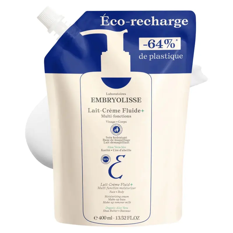 Embryolisse Lait Creme Fluid+ Recharge – Hydratation légère pour visage et corps, 400 ml (Beurre de Karité & Aloe Vera)