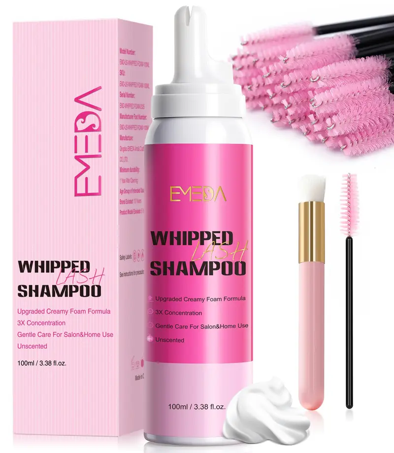 EMEDA Kit Shampoing Cils Mousse Ultra-Douce – Nettoyage Profond 100 ml, Brosse Incluse, Sans Parfum (Extensions et Clusters)