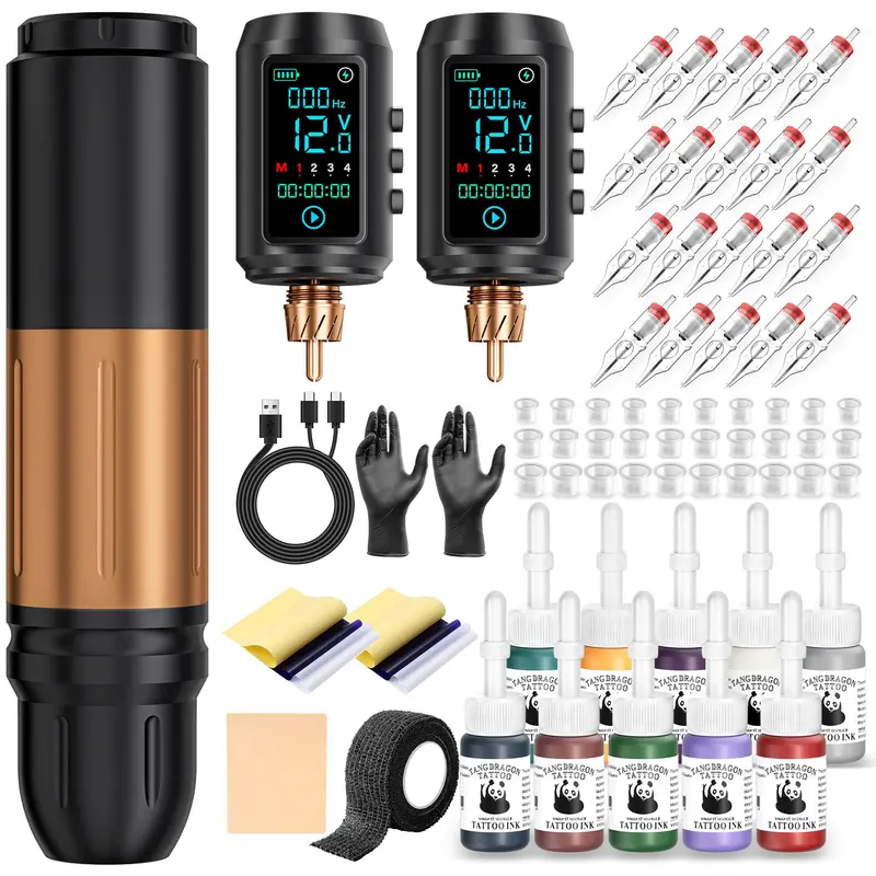 EMRICE Kit Tattoo Sans Fil – Stylo, 2 Batteries 1600mAh, 20 Aiguilles, 10 Encres (Débutants)