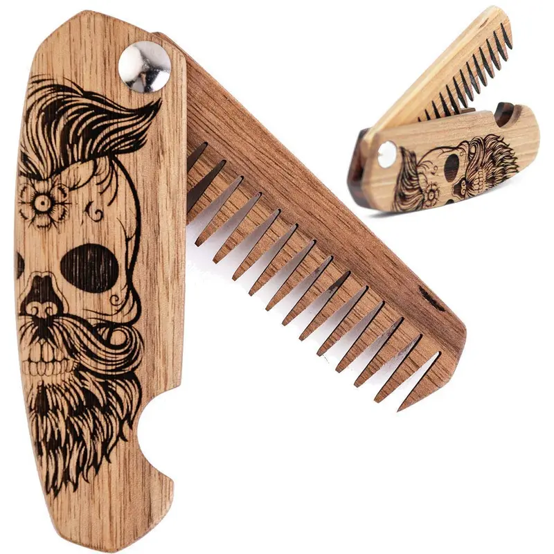 Enjoy The Wood – Brosse à Barbe Pliable en Noyer Gravée (Demi-crâne)