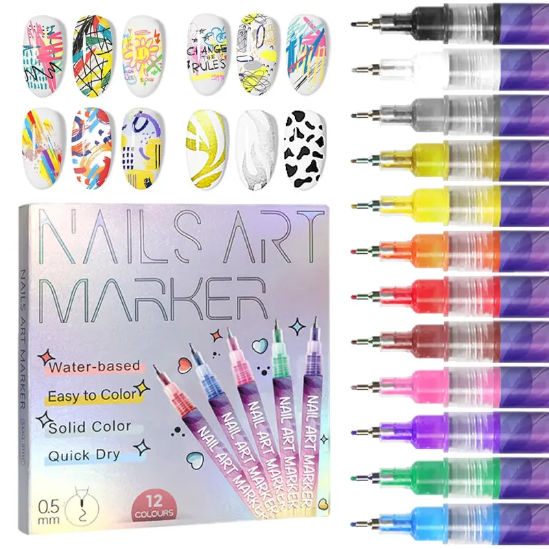 Ensemble AOKELEON de 12 stylos déco des ongles – Pointe fine 0,5 mm pour dessins précis