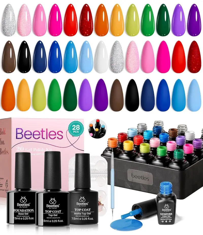 Ensemble Beetles Gel Polish – 20 coloris néon avec bases sans essuyage et couches de finition brillantes et mates, accessoires et charms sport
